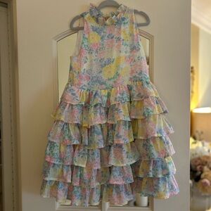 Janie and Jack Pastel Floral Ruffle Tiered Dress - Yellow, Pink, Blue